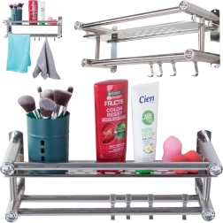 Piekaramais vannas istabas plaukts ar āķiem un dubulto dvieļu stieni, alumīnijs, sudraba