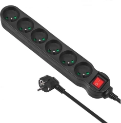 Pārsprieguma aizsardzības pagarinātājs ar 6 kontaktligzdām 2300 W, 5 m, melns