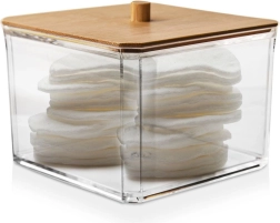 Acrylic cosmetic pad dispenser WHITNEY with bamboo lid