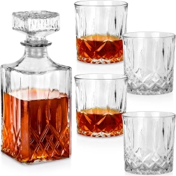 Glass whiskey decanter with 4 glasses, 900 ml + 4×300 ml, 5-piece set VILDE