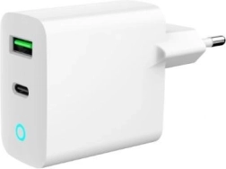 Tīkla lādētājs USB‑A/USB‑C 20 W ar LED, PD un QC 3.0, balts