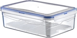 Plastmasas pārtikas trauks ar vāku un blīvējumu ar notecināšanas režģi 2,6 l