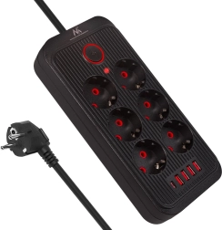 Surge-protected power strip extension, 6 outlets with USB-A and USB-C, 2500 W, black