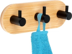 Self-adhesive wall-mounted bamboo hook rack with 3 metal hooks, black 14 × 3.5 × 5 cm