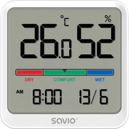 SAVIO digital thermometer and hygrometer with LCD, clock and date, magnetic holder – White