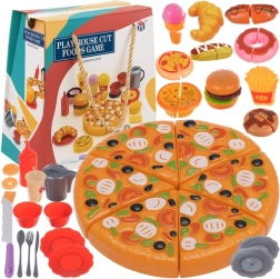Ruhhy children's play food set with fast food and sliceable Velcro pizza, 42 pieces
