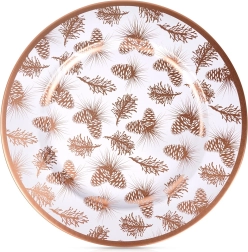 Decorative plate charger 33 cm – white with copper pinecone motif