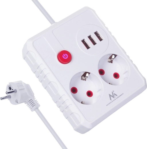 Pārsprieguma aizsargpagarinātājs ar 2 rozetēm un 3× USB, 2500 W, 1,5 m, balts