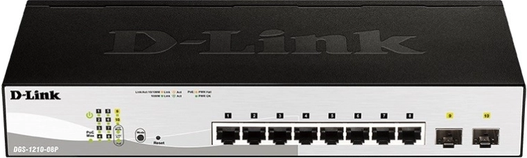 D-Link DGS–1210–08P gigabitu PoE viedais slēdzis 8× RJ–45 un 2× SFP