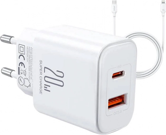 Joyroom Flash tīkla lādētājs 20 W ar divām izejām + USB-C–Lightning kabelis 1 m, balts