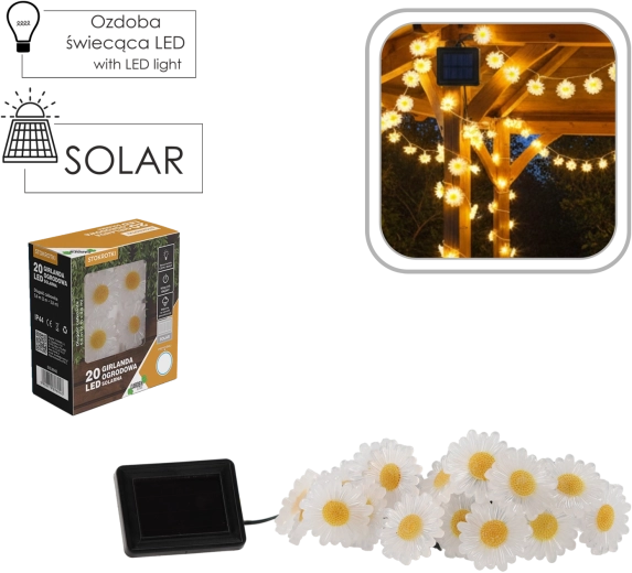 Saules dārza girlanda ar margrietiņām, 20 LED, silti balta, 2 + 3,8 m