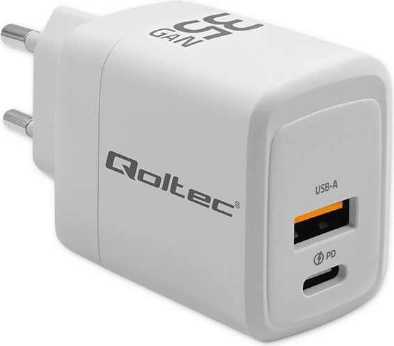 Tīkla lādētājs 35 W GaN, USB‑C PD + USB QC 3.0, balts