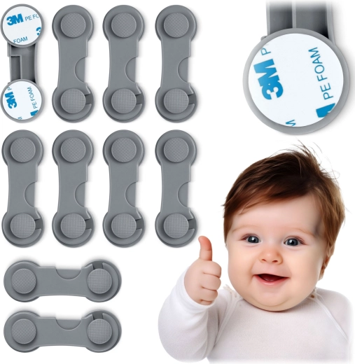 Bērnu drošības fiksatori skapīšiem RICOKIDS, pelēki, komplekts 10 gab.
