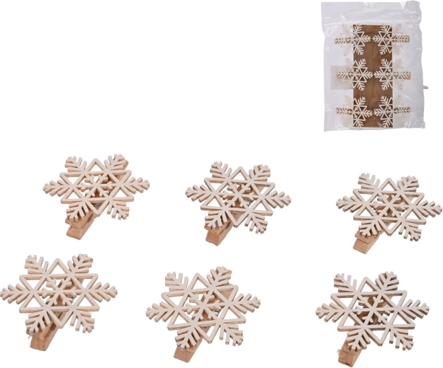 Wooden decorative clothespins with white snowflake, 6 pcs