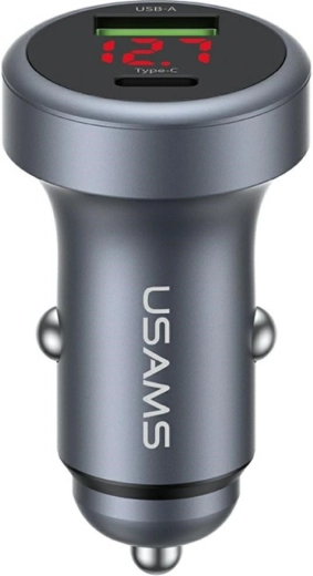 USAMS alumīnija auto lādētājs 45 W USB-A + USB-C ar LED