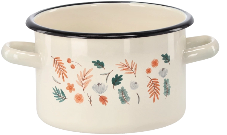 Enamel pot 2 l, 16 cm, cream with leaves