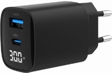 GaN ātrā lādētājs 30 W ar USB‑C un USB‑A, LCD displejs, melns