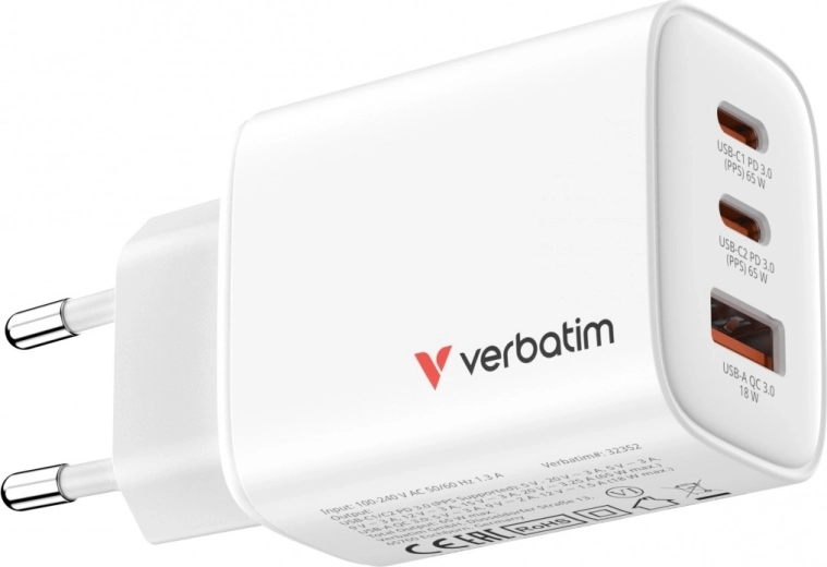 Verbatim Essentials GaN lādētājs 65 W (2× USB-C PD 3.0 + 1× USB-A QC 3.0), ES, balts