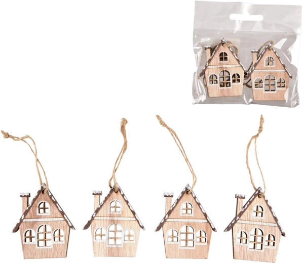 Hanging wooden houses, beige (4 pcs)