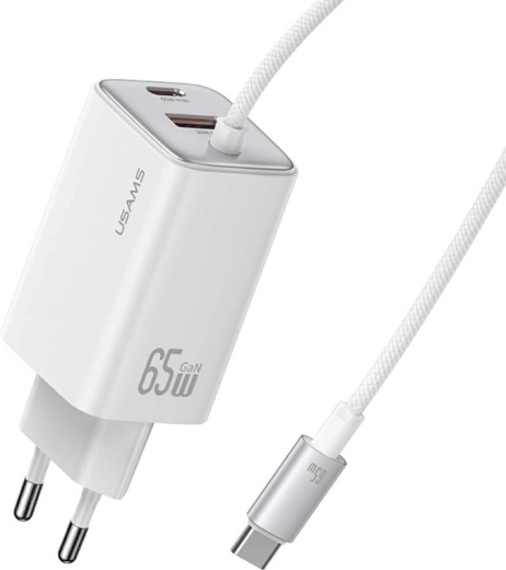 Usams JC sērijas 65 W GaN tīkla lādētājs ar integrētu USB‑C kabeli (2× USB‑C, 1× USB‑A), balts