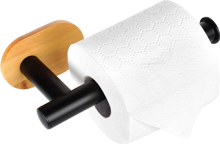 Wall-mounted toilet paper holder in stainless steel and bamboo, black, 17 cm