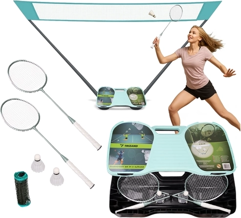 Trizand foldable badminton set with portable case and net 4-in-1