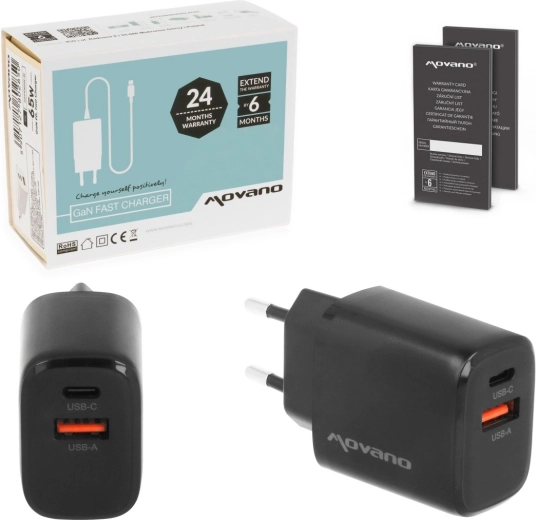 Movano GaN 30 W tīkla lādētājs (USB‑C PD + USB‑A), melns