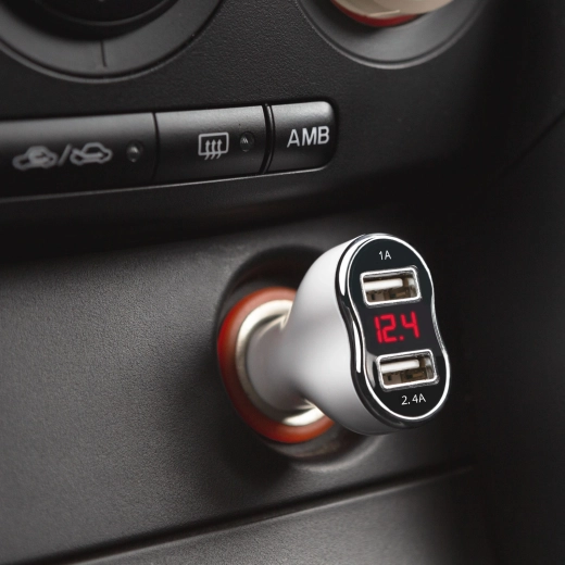 Car Cigarette Lighter Adapter with Two USB Ports and Voltage and Current Measurement, White