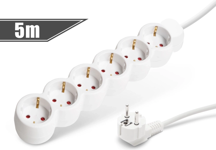White extension cord with 6 sockets, 5 m