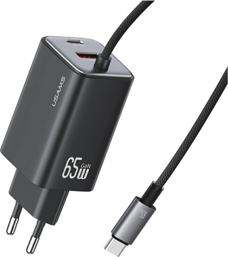 USAMS JC sērijas GaN tīkla lādētājs 65 W ar integrētu USB‑C kabeli (2× USB‑C, 1× USB‑A), melns