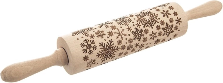 Koka reljefa mīklas rullītis ar sniegpārsliņu rakstu 39 cm