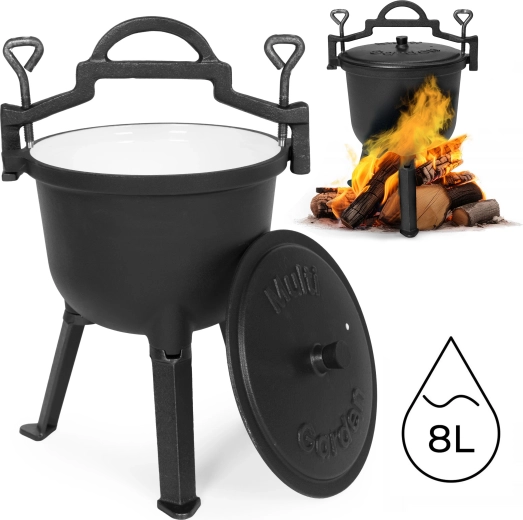 Emaljēts čuguna katliņš 8 l ar statīvu MULTIGARDEN ugunij un grilam