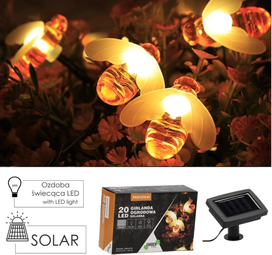 Saules dārza gaismas virtene Bites 20 LED silti balta, 5,8 m
