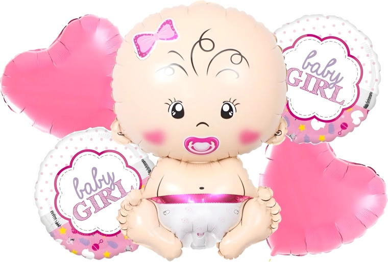 Baloniņi baby shower meitenītei – 5 gab. komplekts ar zvaigznītēm un mazuļa motīvu