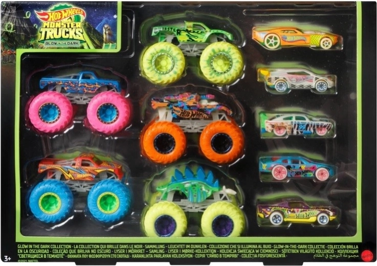 Komplekts HOT WHEELS MONSTER TRUCKS 1:64 spīdošs tumsā, 10 gab.