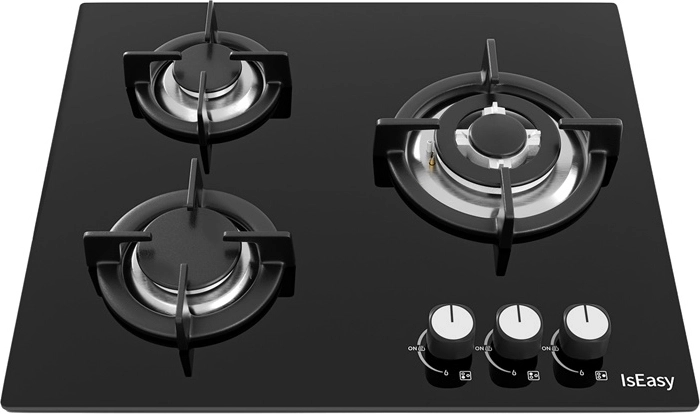 IsEasy gas cooktop with 3 burners, black glass, cast-iron grates