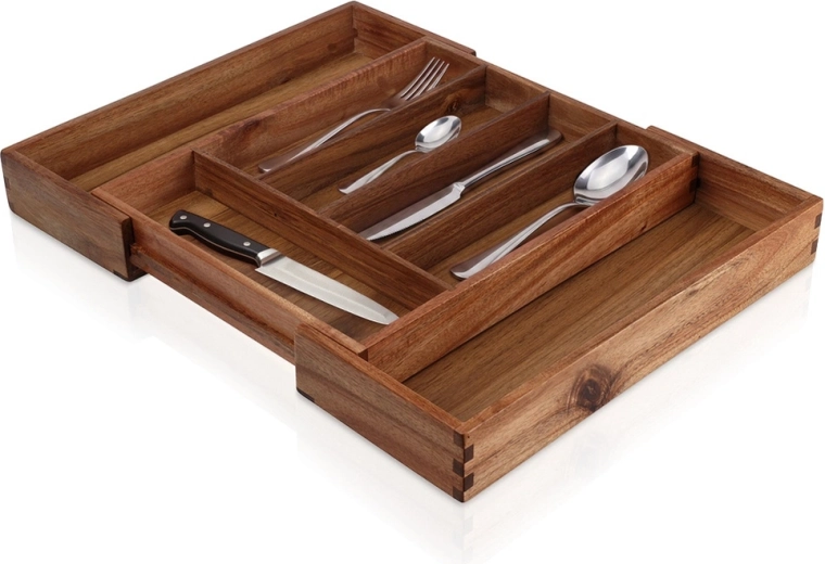 Izvelkams akācijas koka galda piederumu organizators atvilktnei 28–45 × 34 cm
