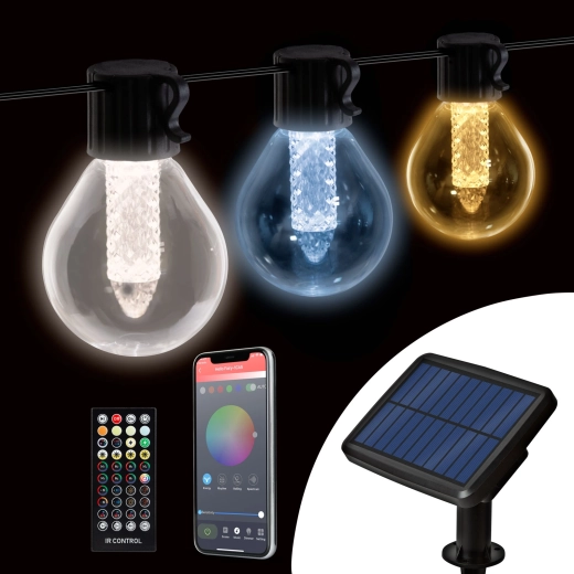 Smart solar string lights with 15 white LED bulbs, Bluetooth and adjustable light temperature