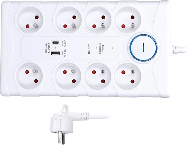 Solight pārsprieguma aizsargs ar 8 kontaktligzdām un USB-A/USB-C, 2 m, balts
