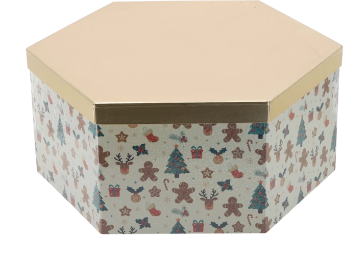 Ziemassvētku dāvanu kārba sešstūra formā ar zelta vāku 33 × 28,5 × 12 cm – 1 gab.