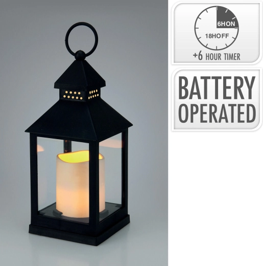 LED dekoratīva laterna ar stiklu un taimeri 23 × 10 × 10 cm, melna