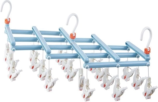 Foldable laundry hanger with clips, 19 clips, light blue