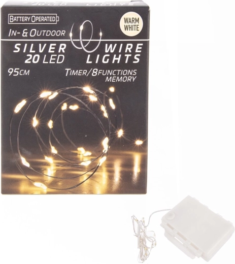 LED gaismas virtene uz plānas stieplītes 20 LED dzeltena ar taimeri