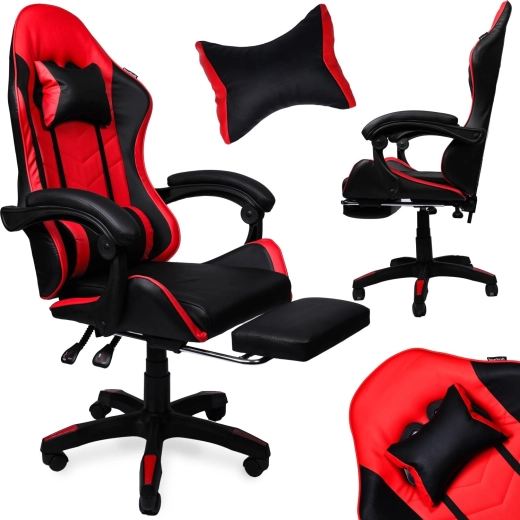 Gaming chair with retractable footrest made of faux leather, black and red