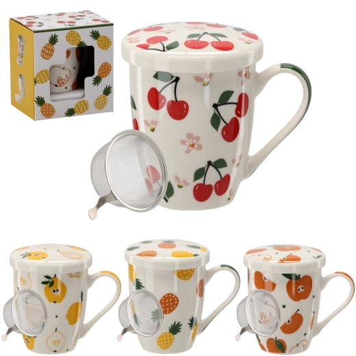 Porcelāna krūze ar vāciņu un sietiņu 340 ml ar augļu motīviem