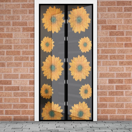 Magnetic insect screen door curtain with sunflowers