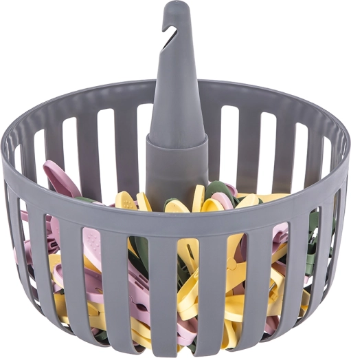 Basket with 30 clothes pegs 82 mm, grey