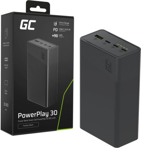 Ārējā baterija 30000 mAh, 22,5 W, 4 porti, melna