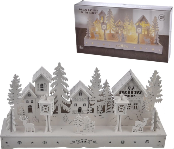 Koka mājiņa ar LED apgaismojumu, balta, 30 cm