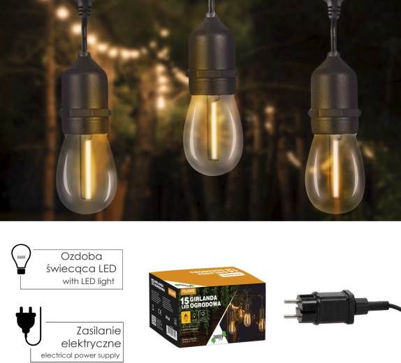 Dārza gaismas virtene ar tālvadību 24 V, 18 m, 15 LED silti balta